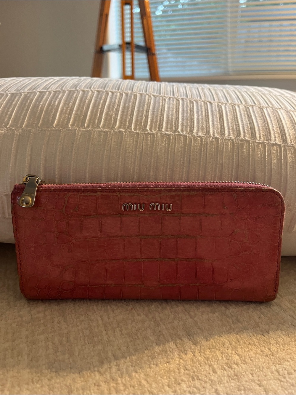 Miu Miu Croc-Embossed Pink Wristlet Wallet with Gold Logo
